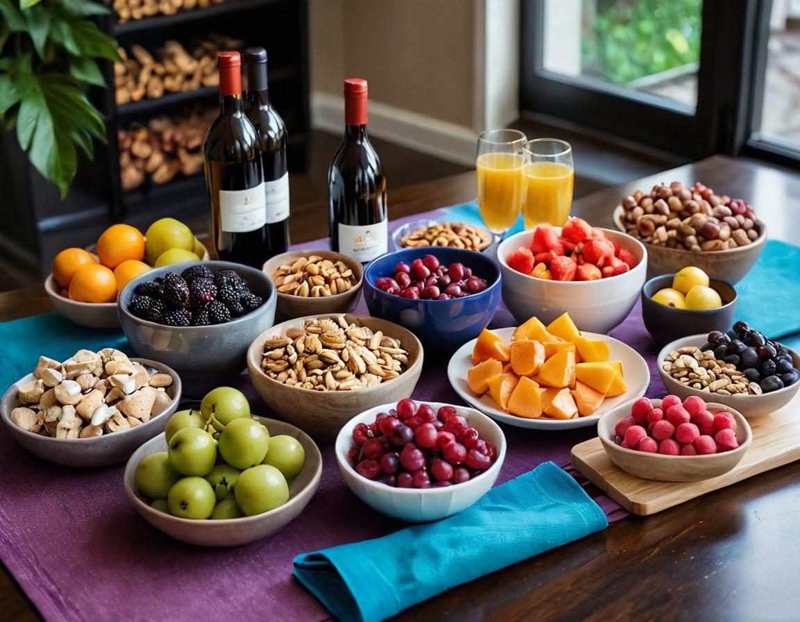 A beautifully arranged table featuring a selection of vibrant wines beside healthy workout snacks like nuts, fresh fruits, and protein bars. In the background, a set of dumbbells and a yoga mat create a fitness atmosphere, while colorful splashes of wine and health icons subtly blend into the scene. The lighting is warm and inviting, emphasizing a balance of indulgence and health. super-realistic. vibrant colors. inviting ambiance.