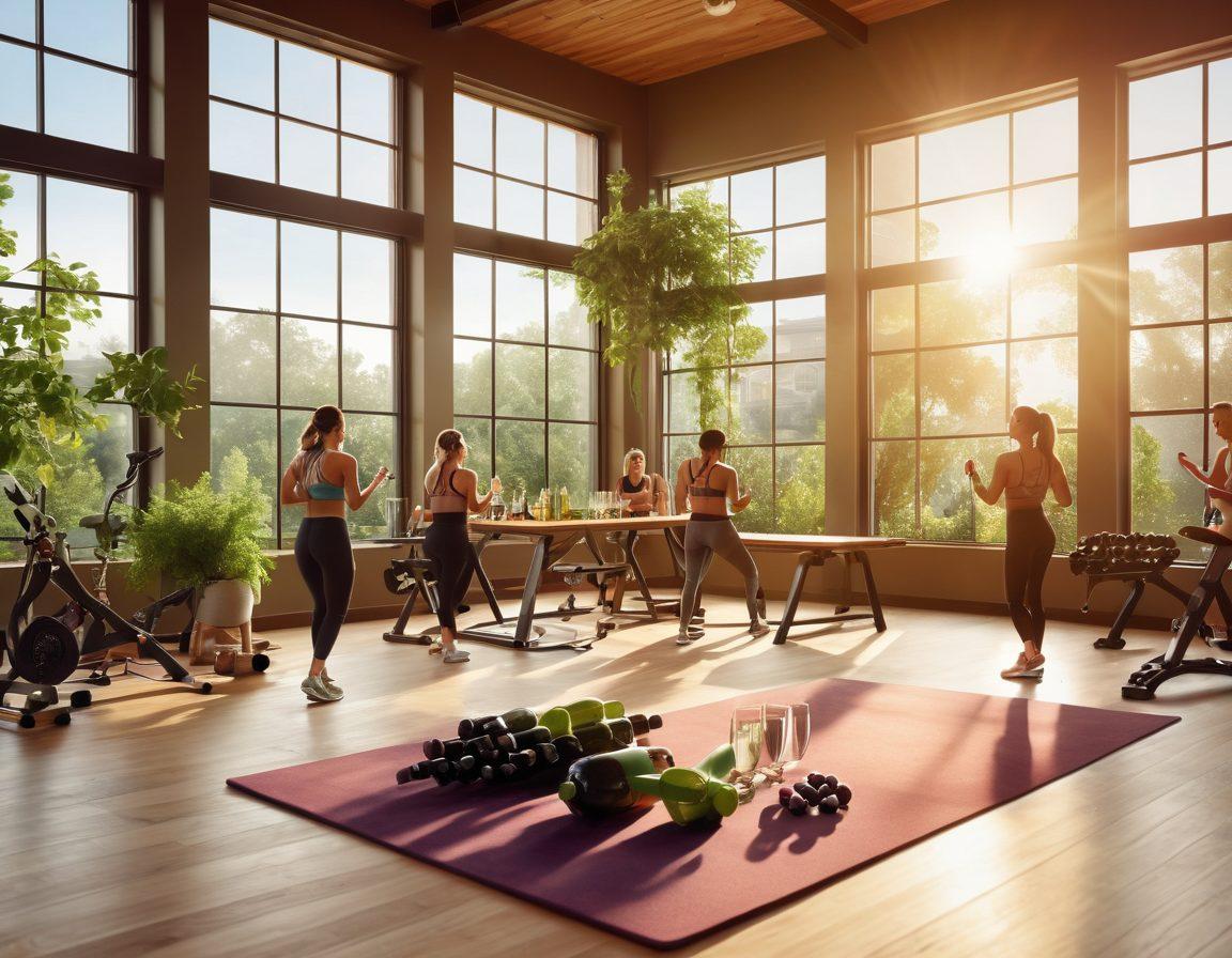 A modern gym setting featuring a diverse group of people enjoying a post-workout scene with glasses of wine, surrounded by greenery and wellness equipment. Sunlight beams through large windows, illuminating the joy and relaxation on their faces. Include stylish wine bottles on a wooden table, emphasizing balance between fitness and enjoyment. Illustrate dynamic energy and a sense of community. vibrant colors. super-realistic.